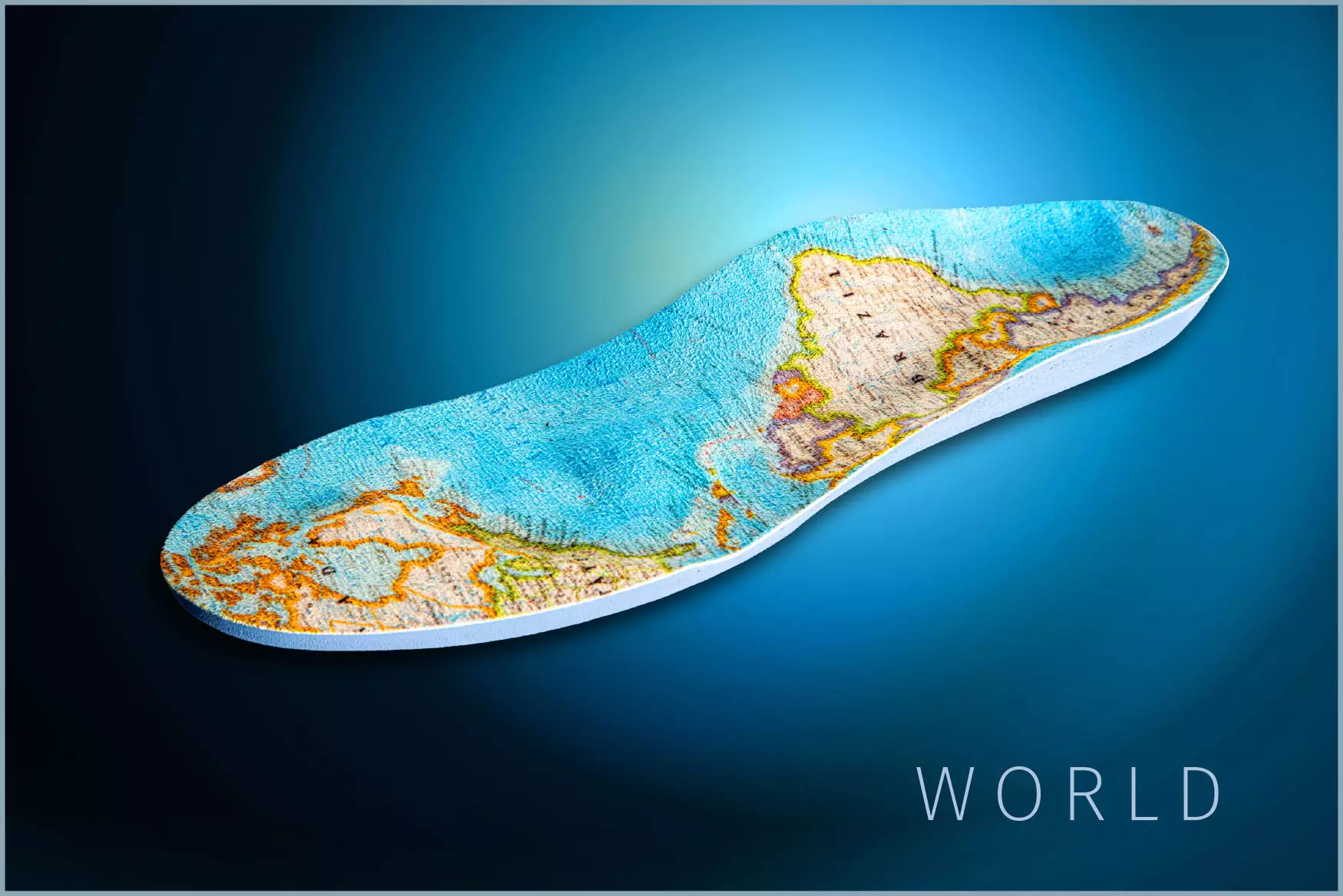 orthopädische, maßgefertigte Schuheinlage mit Weltkarte